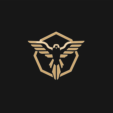 Golden eagle logo design with hexagonal frame on black background  