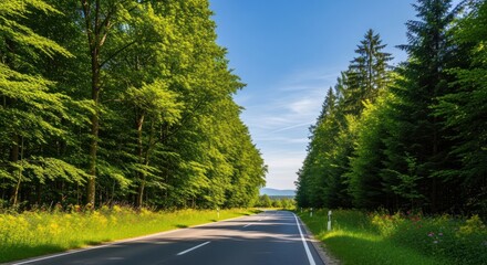 A road through a forest with green trees and a clear blue sky.