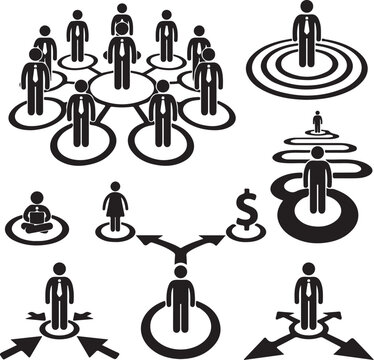 Set of business people icons and social network symbols featuring vector silhouettes of a professional team, men, and women figures in a teamwork pictogram illustration