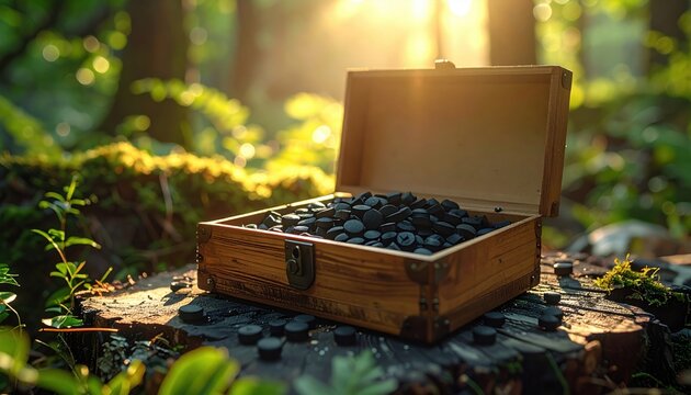 An open FlyPro Firefly wooden box, designed as a sealed container, filled with activated charcoal tablets for purification, rendered in a photorealistic DSLR style with bright natural lighting.