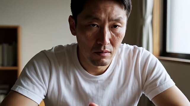 Man in deep thought by window during quiet video scene.