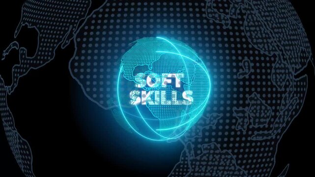 activate a conceptual holographic text Soft Skills. Businessman in a suit with a hologram of planet Earth on a background of a futuristic wireframe city