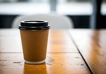 A disposable coffee cup sits on a wooden table softly lit and in focus