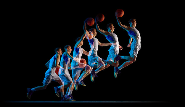Basketball player slam dunk sequence in stroboscopic effect. Concept of sports campaign visuals, basketball club marketing, peak performance branding, high speed athletic design.