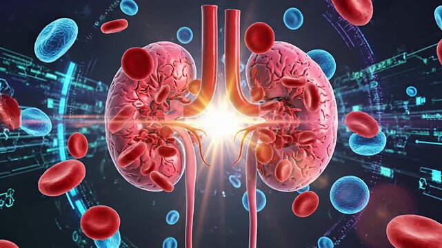 Digital kidneys with circulating blood cells in abstract medical interface