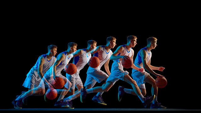 Basketball player fast break dribble in stroboscopic motion. Concept of basketball training materials, sports technology presentation, athletic coordination study, dynamic fitness promotion.
