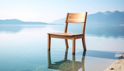 Wooden Chair Surrounded by Tranquil Water and Scenic Mountains,Surreal concept