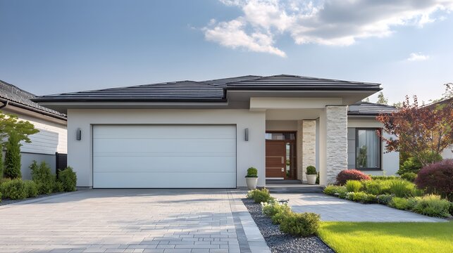 Modern suburban house with a large garage and well-maintained front yard under a cloudy sky.