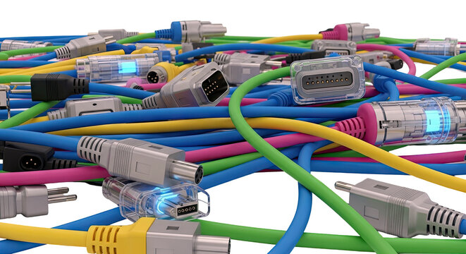 Tangle of Colorful Electrical and Data Cables with Connectors