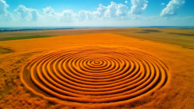 Aerial view of golden wheat field with spiral pattern