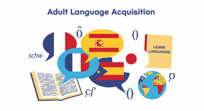 Adult language acquisition with flags, book, globe, and symbols