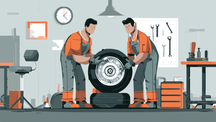 Obraz premium Two mechanics in overalls work on a car tire in a garage