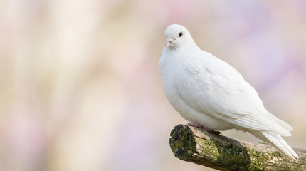 Obraz premium White dove perched on branch with soft background representing Easter 