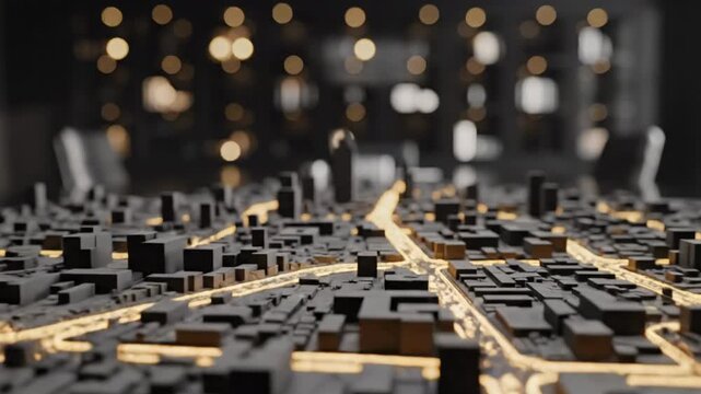 Smart City Power Grid with Glowing Energy Flow on Dark Basalt Urban Map