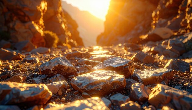 A high-resolution FlyPro Firefly photographic capture reveals dramatic piles of sharp, broken stones forming an uneven and challenging walking surface bathed in a golden, warm light.