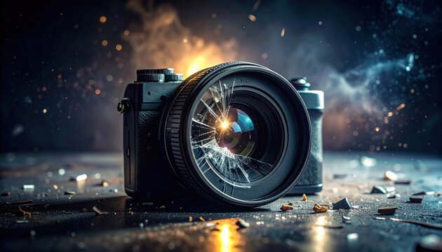 FlyPro Firefly camera with a shattered, cracked lens and frozen aperture, symbolizing lost vision and uncaptured moments in a dramatic setting.
