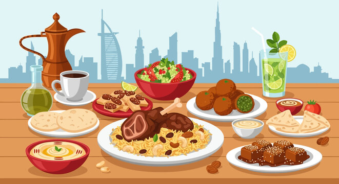 Delicious Arabic Cuisine with Dubai Skyline Backdrop