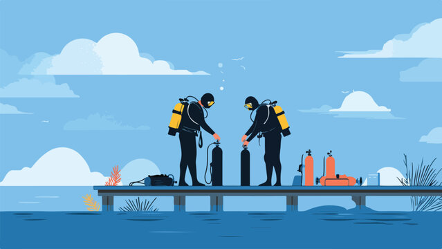 Two divers prepare their gear on a wooden pier beside calm blue water and a cloudy sky