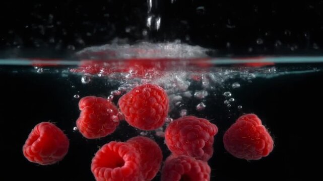 Fresh raspberries splashing into water against a black background.