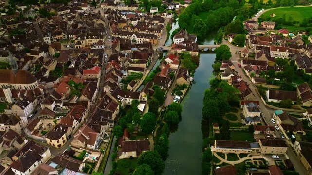 Aerial view of the famous French small town of Chablis, where grapes are grown and famous wine is made. Burgundy Region, France