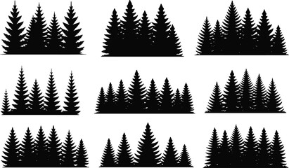 Pine tree forest silhouettes, coniferous woodland shapes, evergreen nature icons, stylized black trees, vector illustration, abstract forest design elements © Its Butterfly