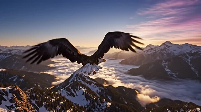 Eagle flying over snowy mountains at sunrise with cloud inversion