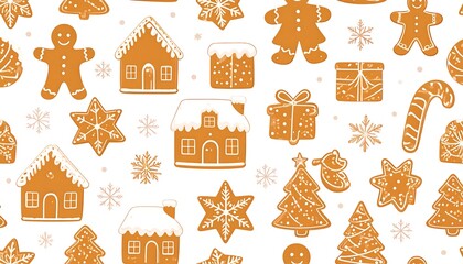Cute seamless pattern of gingerbread cookies, houses, gifts, snowflakes on a white background. Festive design