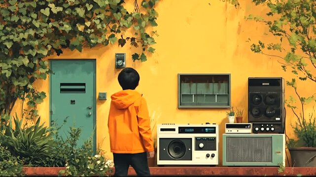 Boy in orange jacket walking past vintage audio setup