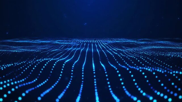 Blue glowing dots forming a futuristic grid pattern on a dark background.