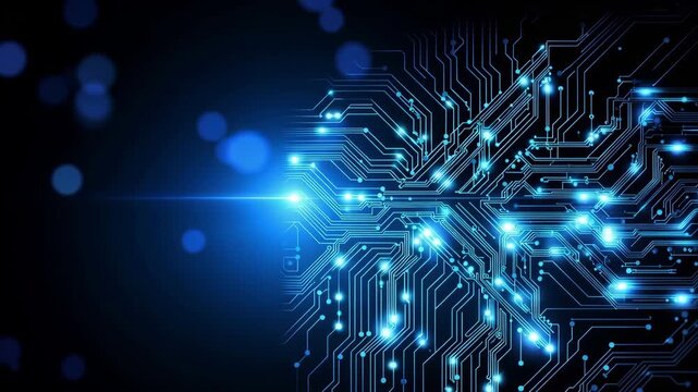 Abstract glowing blue circuit lines forming a dynamic arrow pattern 