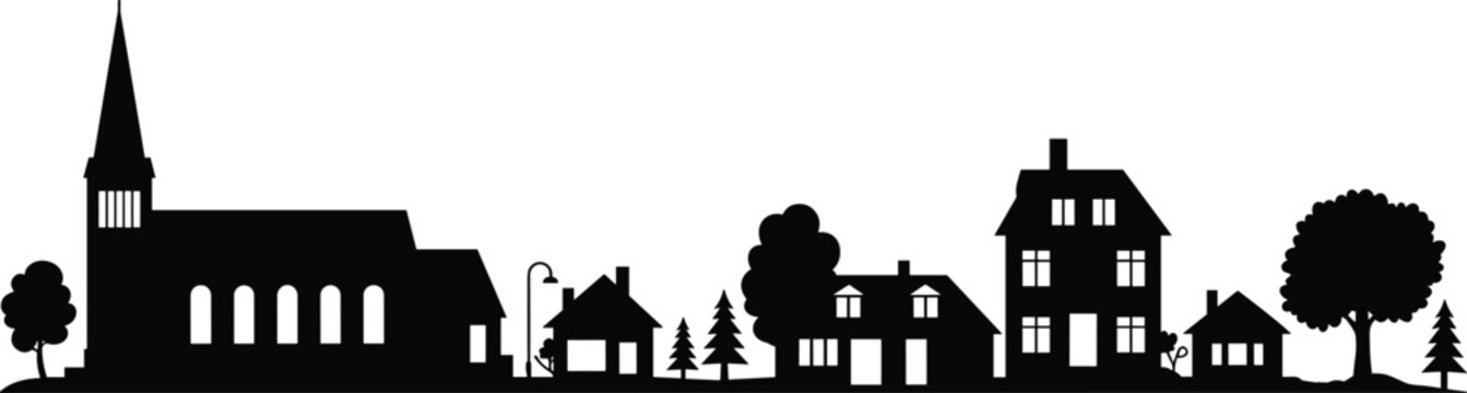 Minimalist, village skyline silhouette with church houses trees and small town landscape illustration isolated on white background for modern design