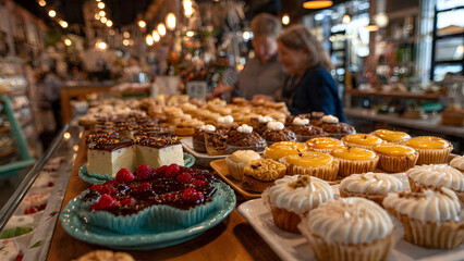 Fototapeta premium Variety of desserts displayed in a bakery with people enjoying their time in the background.