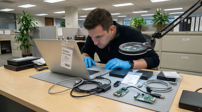 A focused technician wearing blue safety gloves analyzes computer hardware and circuit boards on a tidy desk in a modern office lab, using a laptop for diagnostics and repair