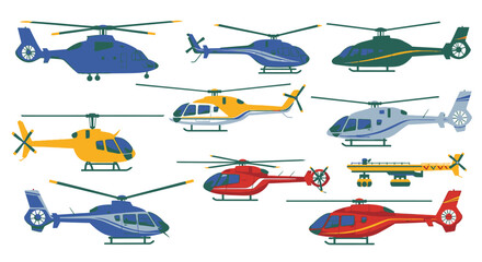 Collection of different colorful helicopter models flying on white background