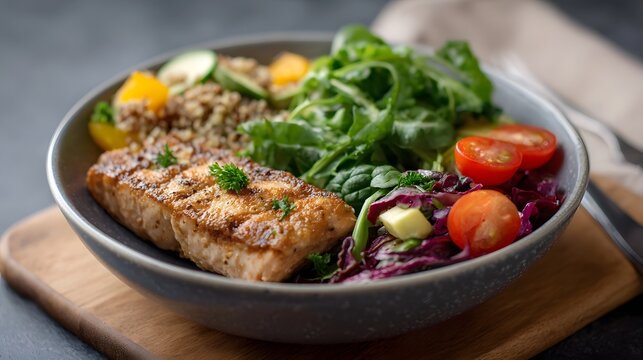 A vibrant and healthy bowl of grilled salmon served with quinoa fresh greens and a variety of colorful vegetables