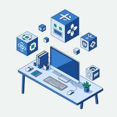 Obraz premium Modern office desk with computer, keyboard, mouse, and abstract cubes