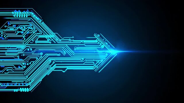 Abstract glowing blue circuit lines forming a dynamic arrow pattern 