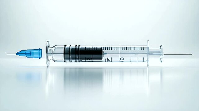 Clear syringe with blue cap and black plunger on reflective surface