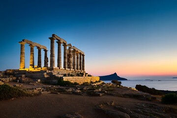 Obraz premium Greece. Cape Sounion - Ruins of an ancient Greek temple of Poseidon after sunset