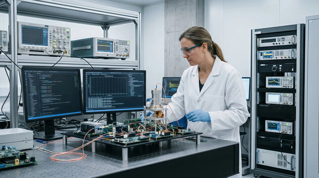 Female scientist in a modern laboratory inspecting and testing electronic circuitry on a precision workstation with multiple monitors, racks of equipment, and lab apparatus