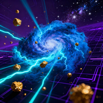 Cyberpunk Style Galaxy with Asteroids and Blue Energy Beams