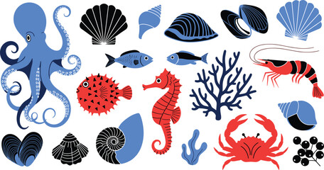 Marine Life Vector Set with Octopus, Seahorse, Crab, Shrimp, Fish, Coral and Seashells in Red and Blue Nautical Style © Priyanka