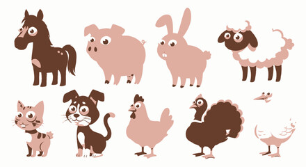 Fototapeta premium Cute cartoon farm animals and pets set on white