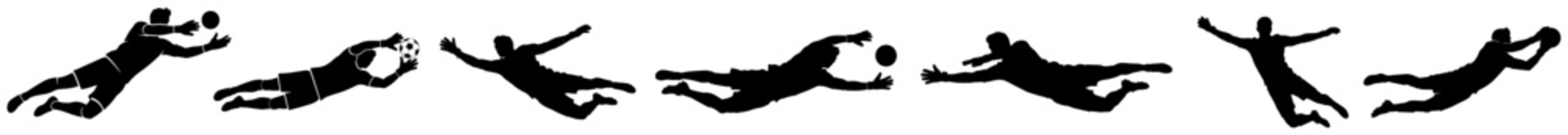 Row of soccer goalkeeper silhouettes jumping and diving to save the ball