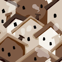 Cotton fabric Hand drawn seamless pattern of rustic house roofs and chimneys in earthy brown and beige colors for cozy textile and wallpaper designs