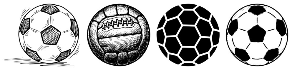 Set of various soccer balls including vintage leather football and modern hand drawn sports icons © Katarzyna