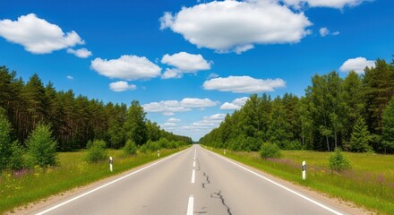 A straight, empty road with green trees on both sides, under a blue sky with white clouds.