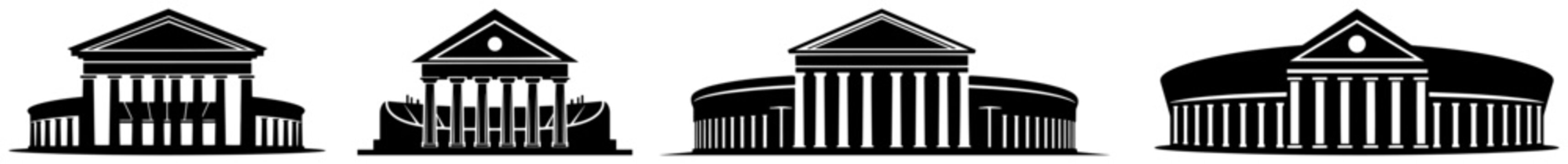 Collection of classical architectural buildings with columns and pediments for museum or university icons