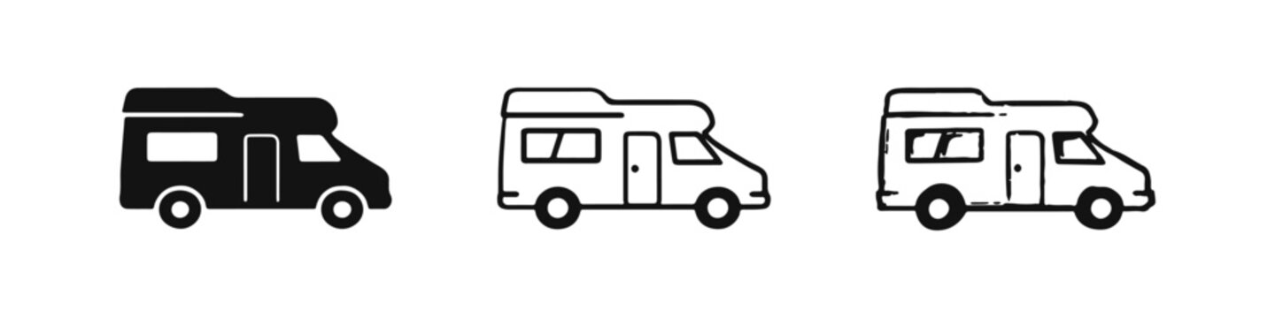 RV Motorhome Camper Van Icons Set - Travel and Road Trip Graphic Elements for Design