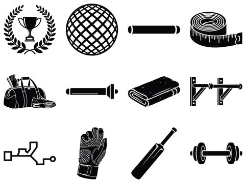 Set of sports equipment and accessories in black and white